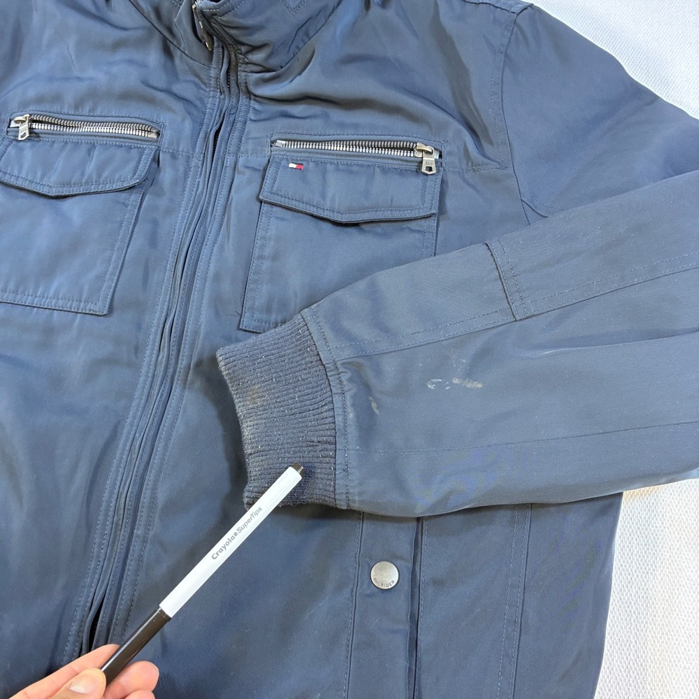 Tommy Hilfiger Jacket Mens XL Navy Blue Hooded Bomber Puffer Full Zip Heavy Coat - Picture 11 of 13